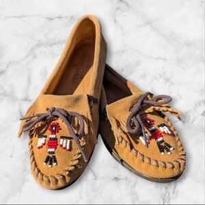Minnetonka Beaded Thunder Bird Leather Moccasins Loafer Flat Suede Shoes 8